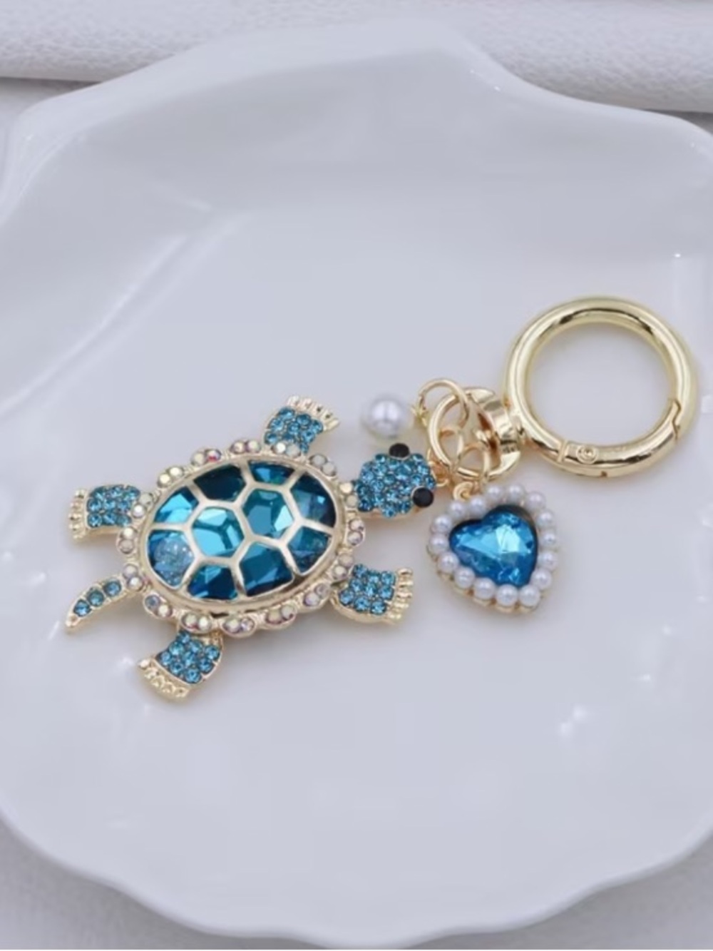Unbranded Turtle Keychain Bag Charm Green OR Blue Rhinestone gold-tone (each) - Picture 7 of 8
